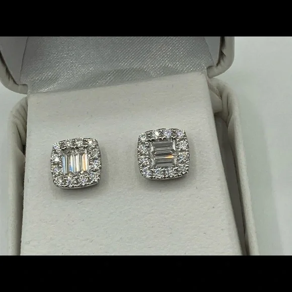 Silver Moissanite Earrings Micro Pave Emerald Cut 9.7 mm 11 ct - Picture 3 of 7